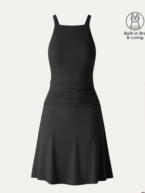 OGL CoolTouch Square Neck Ruched Mini Built-In Bra Dress Black Sz medium new